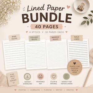 Può includere: Un pacchetto di carta a righe digitale con 40 pagine in 4 stili: righe larghe, standard, strette e spesse. La grafica include etichette di testo, icone per il download e la stampa, e una nota circolare con un'icona a forma di cuore.