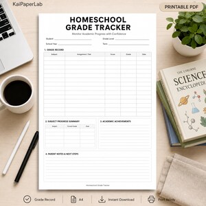 Könnte beinhalten: Ein weißes, druckbares PDF-Dokument zur Nachverfolgung von Noten im Homeschooling mit Abschnitten für Schülerinformationen, einer Notentabelle, einer Zusammenfassung des Fortschritts, Erfolgen und Notizen.
