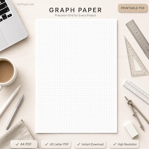 Può includere: Un foglio di carta millimetrata bianca con un motivo a griglia sottile, circondato da un computer portatile, una tazza di caffè, penne, un righello, una squadra, un compasso e una gomma. Il testo recita: KaiPaperLab, GRAPH PAPER, Precision Grid for Every Project, PRINTABLE PDF.