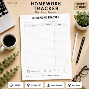 Homework Tracker Printable, Student Homework Planner, Assignment Checklist, School Worksheet PDF, A4 US Letter