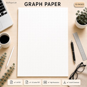 May include: A sheet of white graph paper with a light gray grid pattern. The text "GRAPH PAPER" and "10 PAGES" are visible. The paper is surrounded by a laptop, a coffee mug, a pen, a ruler, glasses, and a small potted plant.