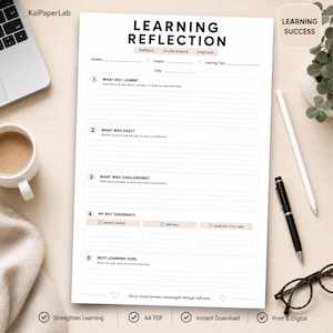 May include: A white A4 paper worksheet titled LEARNING REFLECTION with sections for student, subject, topic, and date. It includes numbered prompts for summarizing learning, identifying easy and challenging parts, key takeaways, and goals.