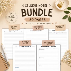 Student Notes Bundle Printable, College Notes, University Notes, Assignment Planner, Research Notes PDF, 50 Pages