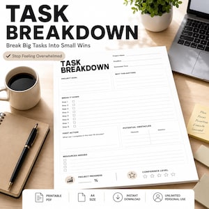 Hoja de desglose de tareas imprimible en PDF / Planificador de proyectos / Planificador de productividad / Organizador de trabajo / Planificación de proyectos imprimible