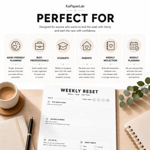 Pode incluir: Uma folha de planeamento semanal branca com texto e linhas pretas, incluindo sec&ccedil;&otilde;es para conquistas, li&ccedil;&otilde;es aprendidas e h&aacute;bitos. O topo exibe a marca KaiPaperLab e seis &iacute;cones com texto descrevendo categorias de planeamento e reflex&atilde;o.