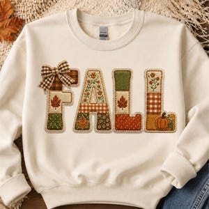 Ricamo autunnale PNG, design patchwork autunnale per sublimazione, accogliente fiocco a zucca con motivo floreale e scozzese PNG per magliette e felpe