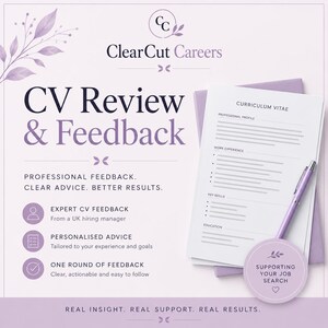 Puede incluir: Imagen promocional de Clear Cut Careers, con un currículum vitae y un bolígrafo. El texto dice "CV Review & Feedback" con detalles sobre comentarios de expertos y asesoramiento personalizado. La combinación de colores es principalmente morado y blanco.