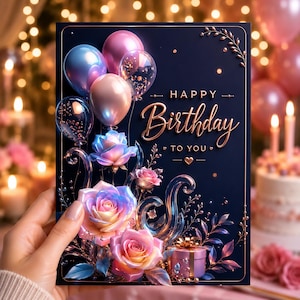 Peut inclure: Une carte de vœux d'anniversaire avec un fond bleu marine, avec une écriture dorée qui dit "Happy Birthday To You". La carte est décorée de ballons aux couleurs pastel, de roses et d'une petite boîte cadeau.