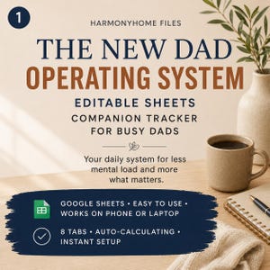 以下が含まれることがあります： 「The New Dad Operating System」を宣伝する画像。テキスト、コーヒーマグ、ノートブックが含まれています。「Editable Sheets」と「Companion Tracker for Busy Dads」のテキストが含まれています。画像はまた、システムが精神的な負担を軽減し、より重要なものにするためであると述べています。
