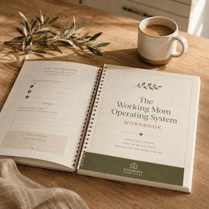 Op de afbeelding: Een open spiraalgebonden werkboek getiteld The Working Mom Operating System met secties voor het plannen van prioriteiten, dagelijkse taken en intenties. De pagina bevat een klein hartje, een bladgrafiek en het logo van Harmony Home Files.