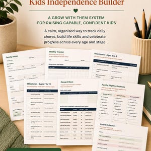 May include: A collection of printable worksheets for kids' independence, featuring a green and white color scheme. The worksheets include trackers, milestones, and reward systems. The text on the image says "Harmony Home Kids Independence Builder".
