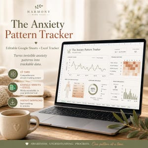 Peut inclure: Un écran d'ordinateur portable affichant le tableau de bord The Anxiety Pattern Tracker avec des graphiques, une carte thermique corporelle et des mesures de progression. L'interface inclut des onglets de suivi, compatible avec Google Sheets et Excel.