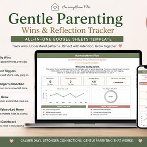 Può includere: Un laptop e uno smartphone mostrano un modello di "Gentle Parenting Wins & Reflection Tracker". Lo schermo mostra il monitoraggio dei dati di vittorie, trigger e umore. L'immagine include il testo: "Tieni traccia delle vittorie. Comprendi i modelli. Rifletti con intenzione. Cresci insieme."