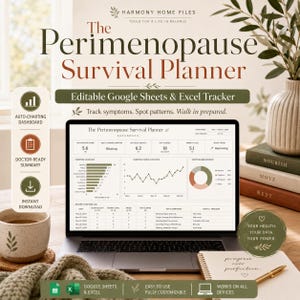 Tracker per la perimenopausa, foglio Excel modificabile, Fogli Google, registro dei sintomi, dashboard ormonale, preparazione alla visita medica, salute femminile, grafici automatici