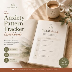 Può includere: Il quaderno di esercizi The Anxiety Pattern Tracker di Harmony Home Files è un PDF stampabile di 48 pagine scaricabile istantaneamente. Il libro aperto mostra il capitolo 1, Your Anxiety, con domande di riflessione su sensazioni e fattori scatenanti.