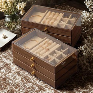 May include: Two wooden jewellery boxes with clear lids. The boxes have multiple drawers and compartments for rings, bracelets, and other jewellery. The boxes are filled with gold-coloured jewellery.