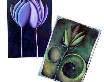 Floral Stationery-Lotus Flower Cards-Tulip Painting-Flower Stationery-Lotus Art-Purple Flowers-Gift for Gardener-Blank Card Set-Garden Art