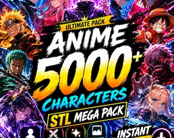 Könnte beinhalten: Eine digitale Sammlung mit dem Titel Ultimate Pack Anime 5000+ Characters STL Mega Pack, die verschiedene Anime-Charakter-Illustrationen in leuchtenden Farben wie Blau, Lila und Gelb zeigt, mit Symbolen für Waffen, Effekte und hochauflösende Hintergründe.