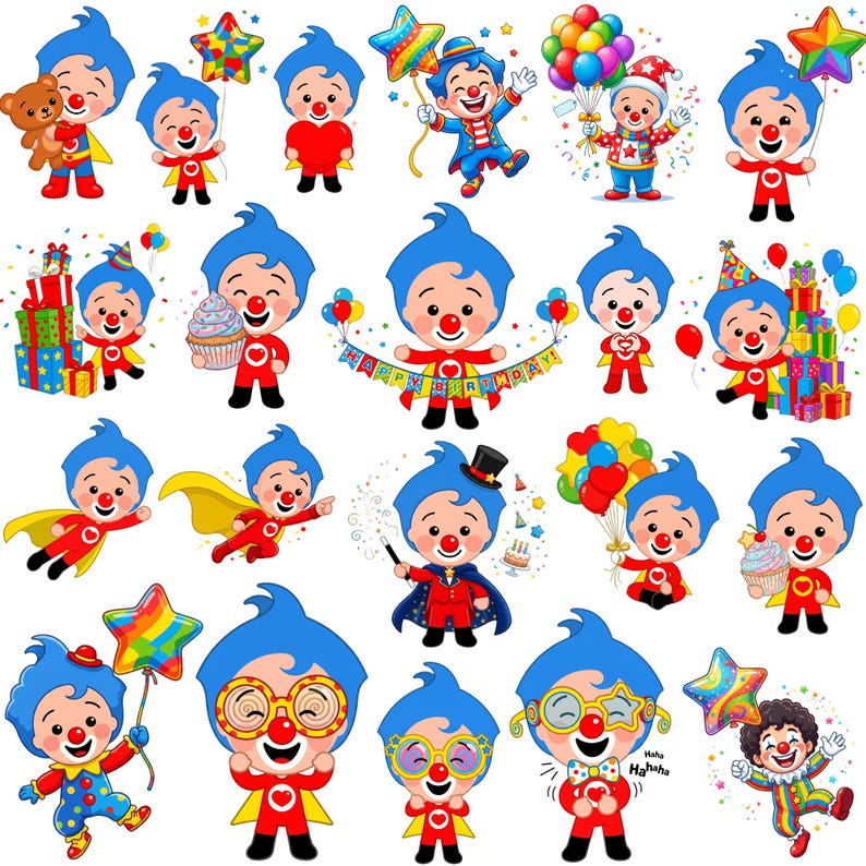 Plim Plim PNG Bundle, 30+ Cute Clown Cartoon Clipart Designs, Kids Birthday Party Sublimation Graphics, Digital Download Set image 2