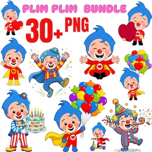 Plim Plim PNG Bundle, 30+ Cute Clown Cartoon Clipart Designs, Kids Birthday Party Sublimation Graphics, Digital Download Set image 1