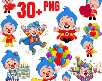 Plim Plim PNG Bundle, 30+ Cute Clown Cartoon Clipart Designs, Kids Birthday Party Sublimation Graphics, Digital Download Set