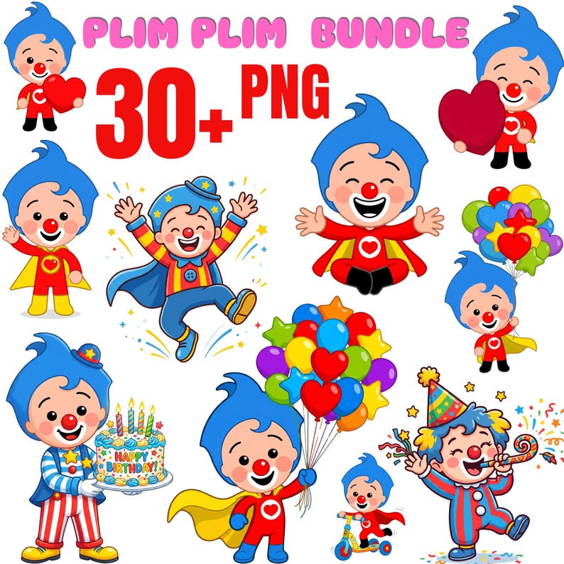 Plim Plim PNG Bundle, 30+ Cute Clown Cartoon Clipart Designs, Kids Birthday Party Sublimation Graphics, Digital Download Set image 1