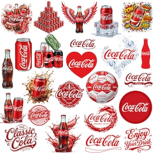 Pode incluir: Uma coleção de imagens da Coca-Cola, incluindo latas, garrafas e logotipos. As imagens apresentam o icónico esquema de cores vermelho e branco, com vários designs artísticos, incluindo um coração, uma bola de futebol e um efeito de respingo. O texto "Coca-Cola" é exibido de forma proeminente.