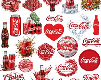 Coca-Cola PNG Bundle, Vintage Soda Drink Clipart Collection, Classic Cola Bottle and Can Designs, Digital Download Pack