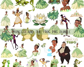 Princess and the Frog PNG Bundle, Fairytale Princess Clipart, Green Dress Princess PNG, Magical Cartoon PNG Download