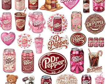 Dr Pepper PNG Bundle, 30 Retro Soda Drink Designs, Vintage Beverage Clipart for Sublimation, Tumbler Wraps & Digital Download