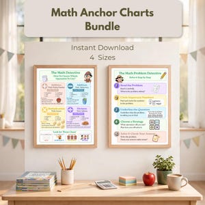 May include: A digital Math Anchor Charts Bundle featuring two educational posters titled The Math Detective and The Math Problem Detective. The charts display colourful sections for addition, subtraction, multiplication, and division, plus step-by-step problem-solving guides with text and icons.