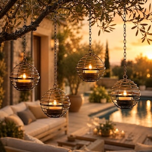 Puede incluir: Cuatro faroles esféricos de metal con velas encendidas cuelgan de cadenas sujetas a una rama de árbol. Los faroles tienen un diseño similar a una jaula y están suspendidos sobre una zona de estar al aire libre y una piscina, con una cálida puesta de sol al fondo.
