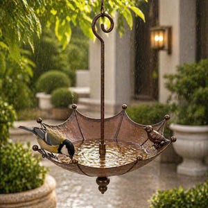 Puede incluir: Un bebedero para pájaros en forma de paraguas, de color bronce, con un gancho decorativo para colgar. Dos pequeños pájaros están posados en el borde, bebiendo agua. El bebedero está suspendido al aire libre, rodeado de vegetación.