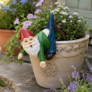 Puede incluir: Una estatua caprichosa de un gnomo de jardín con un gorro rojo, una chaqueta verde y pantalones azules, que parece estar cayendo de una maceta decorativa. La maceta está llena de plantas verdes y flores blancas, añadiendo un toque de humor.