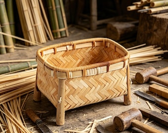Handwoven Bamboo Storage Basket with Legs, Rustic Rattan Organizer, Elevated Wicker Box, Farmhouse Decor, Eco Friendly Handmade Gift
