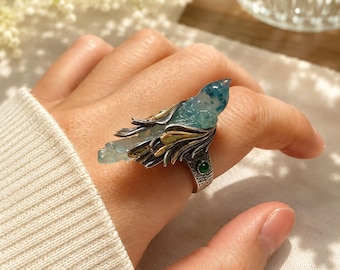 Carved Blue Bird Ring: Oxidized Silver Wing Statement Jewelry