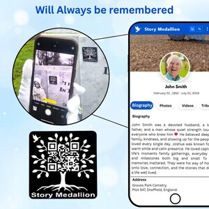 May include: A black square Story Medallion plaque featuring a white tree graphic with an integrated QR code. The image shows a smartphone scanning the plaque on a marble headstone, and a digital profile for John Smith with biography text.