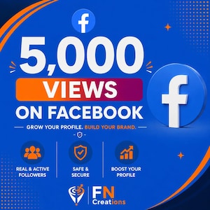 Può includere: Grafica blu che promuove visualizzazioni su Facebook. L'immagine presenta il logo di Facebook, il numero "5.000" e le parole "VIEWS ON FACEBOOK". Ulteriore testo include "GROW YOUR PROFILE. BUILD YOUR BRAND." e icone per follower, sicurezza e potenziamento del profilo.