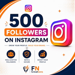 May include: An advertisement for 500 Instagram followers. The design includes the Instagram logo, the number "500", and the words "Followers on Instagram." Additional text reads "Grow your profile. Build your brand." and icons for real followers, safety, and profile boosting.