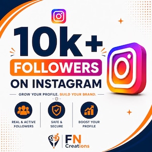 May include: A promotional graphic with the Instagram logo and the text "10k+ FOLLOWERS ON INSTAGRAM." It also includes icons for real followers, safety, and profile boosting, with the tagline "GROW YOUR PROFILE. BUILD YOUR BRAND."