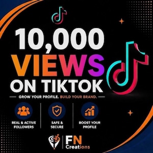 Puede incluir: Un gráfico promocional con el texto "10,000 VIEWS ON TIKTOK" en letras grandes y coloridas. La imagen incluye el logotipo de TikTok e iconos que representan seguidores reales, seguridad y el impulso del perfil. El lema es "Grow your profile. Build your brand."
