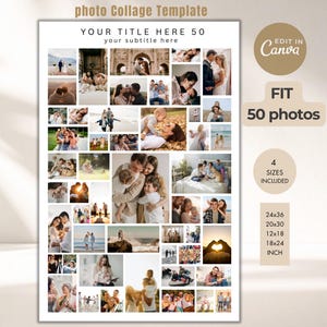 Könnte beinhalten: Eine weiße Fotocollage-Vorlage für 50 Fotos. Die Vorlage enthält den Text "YOUR TITLE HERE 50" und "your subtitle here". Sie enthält den Text "EDIT IN Canva" und "FIT 50 photos". Vier Größen sind enthalten: 61x91cm, 51x76cm, 30x46cm und 46x61cm.