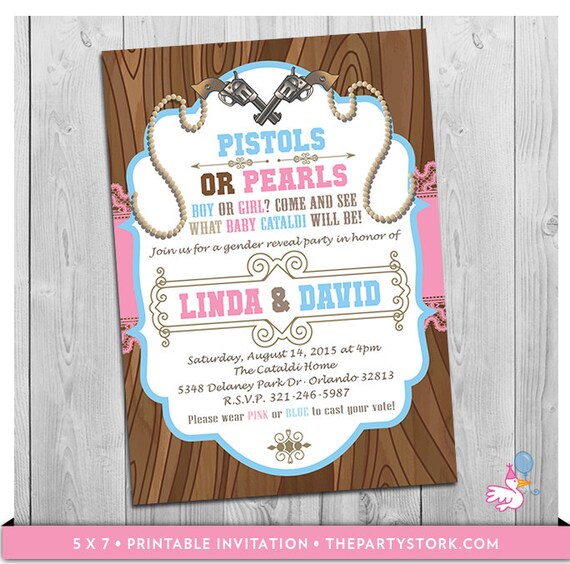 Pistols Or Pearls Gender Reveal Party Invitation Printable Gender 
