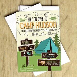 May include: A camping-themed birthday invitation with a cartoon illustration of a tent, trees, and a wooden signpost. The text reads "HIKE ON OVER TO CAMP HUDSON TO CELEBRATE HIS 9TH BIRTHDAY!"  "SATURDAY August 13 5 PM"  "THE DAVIS CAMPSITE 7401 BRADFORD DRIVE Irving, TX 75063"