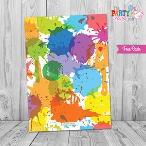 May include: A printable invitation with a colorful paint splatter design. The invitation features a white background with colorful paint splatters in various shades of red, orange, yellow, green, blue, purple, and pink. The text "The Party Stork" is visible in the bottom right corner of the invitation.