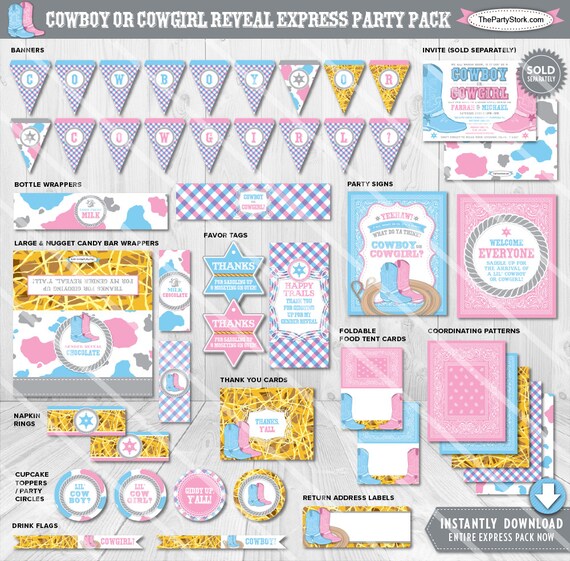 Gender Reveal Party Decorations | Western Cowboy or Cowgirl Baby Shower | Printable Party Pack | Instant Download | Invitation Available Il_570xn