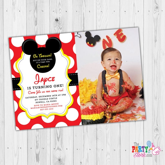 Mickey First Birthday Invitation, Mickey Mouse Invitation with Photo, Mickey Mouse Birthday Invitation with Photo, Mickey Photo Invitation Il_570xn