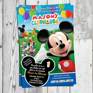 Invitaciones de Mickey Mouse Clubhouse: Invitaciones personalizadas imprimibles para fiesta de cumpleaños de dibujos animados Invitación azul QUE IMPRIMES