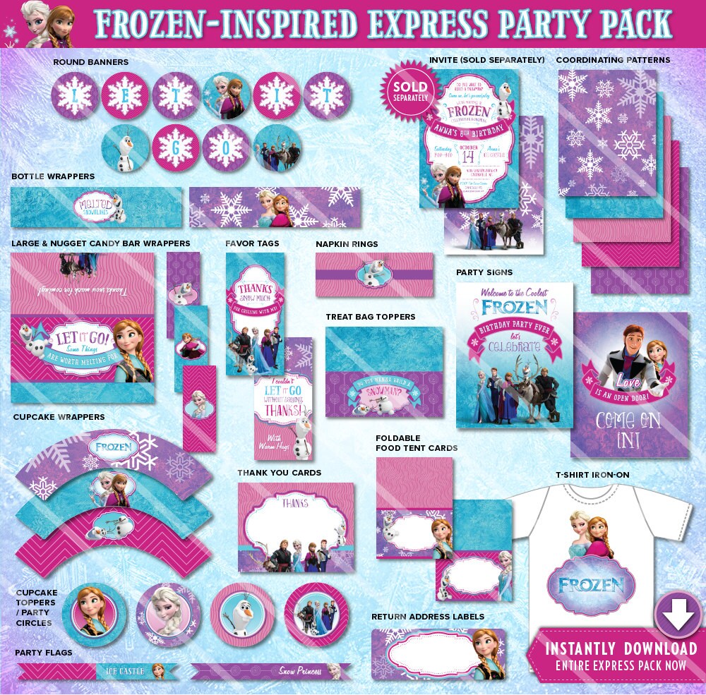 Frozen Party Decorations, Frozen Birthday Party Supplies, Frozen Party Printables, Teal Blue Purple Pink Frozen Party Decorations Party Pack