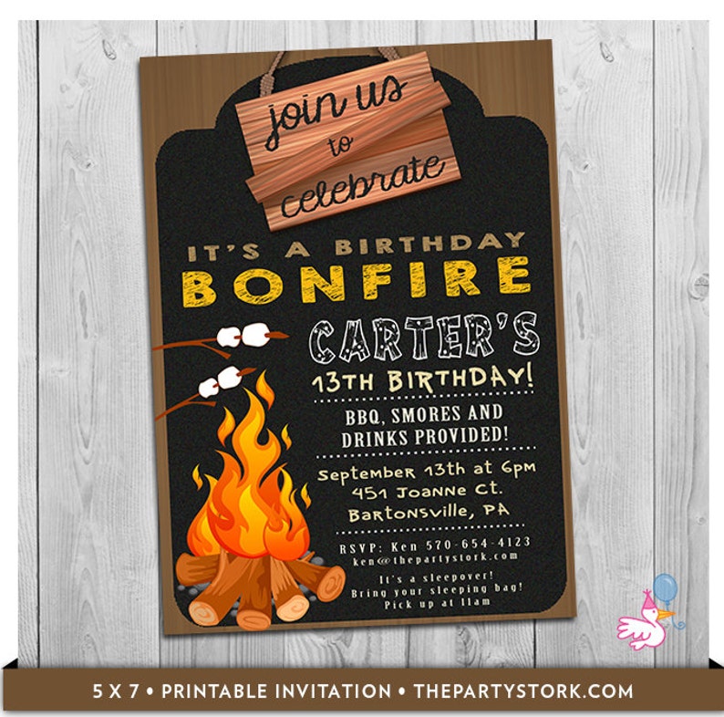 May include: A black chalkboard style invitation with a wooden frame. The invitation is for a birthday bonfire party for Carter's 13th birthday. The invitation includes details about the party, including the date, time, location, and RSVP information.